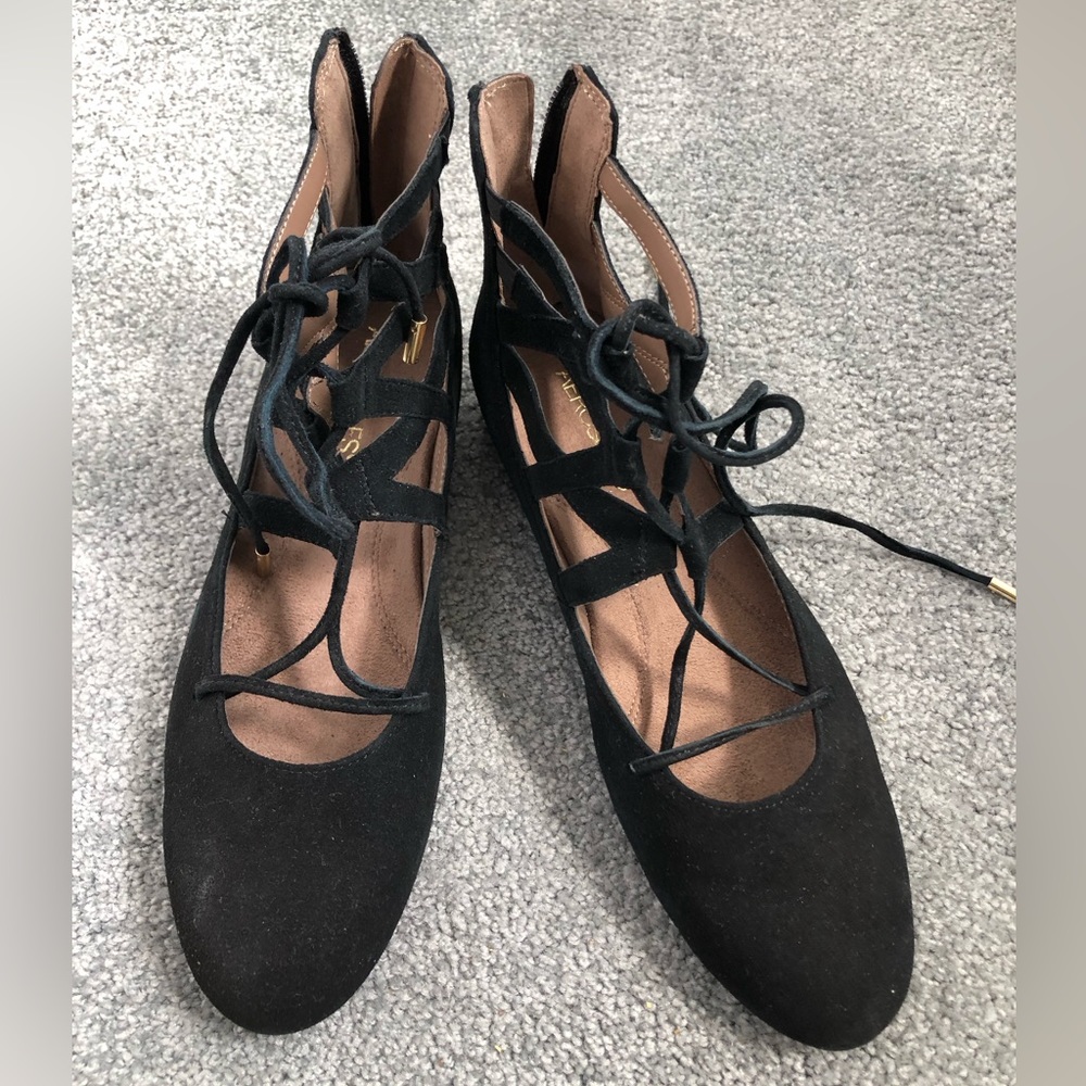 New Aerosoles black nubuck leather comfy ballet flat shoes slippers ankle wrap 7